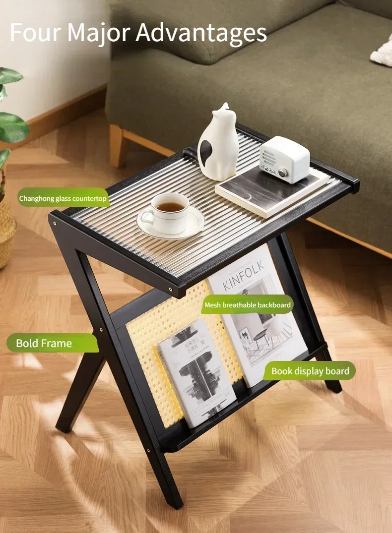 Description Picture 6 of itemSide Table Z Shape Rattan End Table With Magazine Rack Glass-Top Bamboo Sofa Coffee Tables Modern Bedroom Living Room Furniture