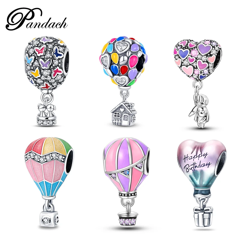 Beads Charms 925 Sterling Silver Romantic Colored Heart-Shaped Hot Air Balloon Charm Fit Pandora Original Bracelet DIY Birthday Jewelry
