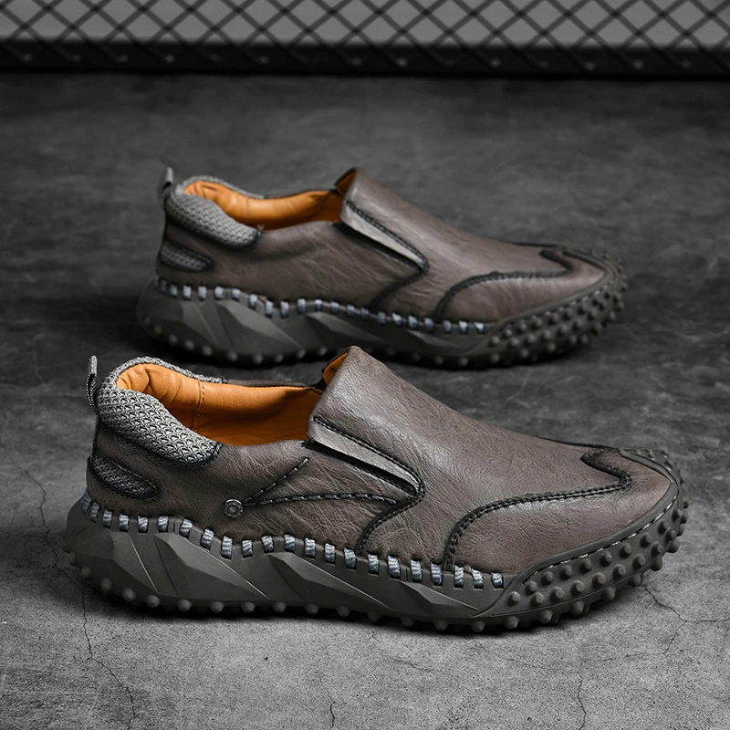 Zapatos informales de piel sintética cosidos a para hombre, mocasines moda cómodos que combinan con todo, calzado de de ocio de suela gruesa, talla 38 46| | - AliExpress