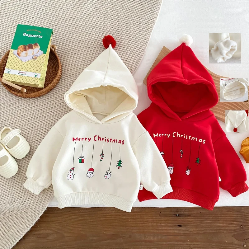 Autumn Winter Boy Baby Christmas Fleece Cartoon Hoodie Girl Children Thick  Letter Sweatshirt Fashion Kid Plus Velvet Cotton Tops - AliExpress