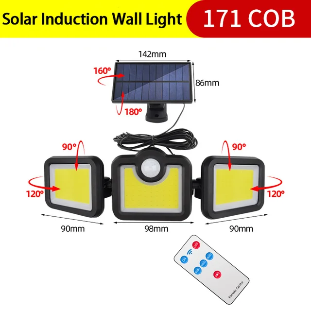 171 LED Solar Lights Outdoor 3Head Motion Sensor 270 Wide Angle Illumination IP65 Waterproof Remote Control Wall Lamp for Garden bright solar lights Solar Lamps