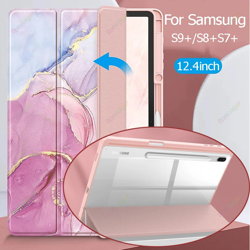 

Marble Case for Samsung Galaxy Tab S8 Plus 2022 / S7 FE 2021 / S7 Plus 2020 12.4 Inch with S Pen Holder Folding Cover Wake/Sleep
