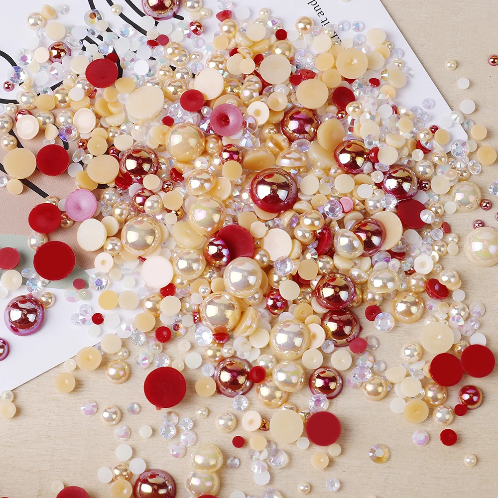 10/50garms Random Mix  Resin Rhinestone AB Pearls Half Round Flatback Beads For Crafts Nail Art DIY Decoration