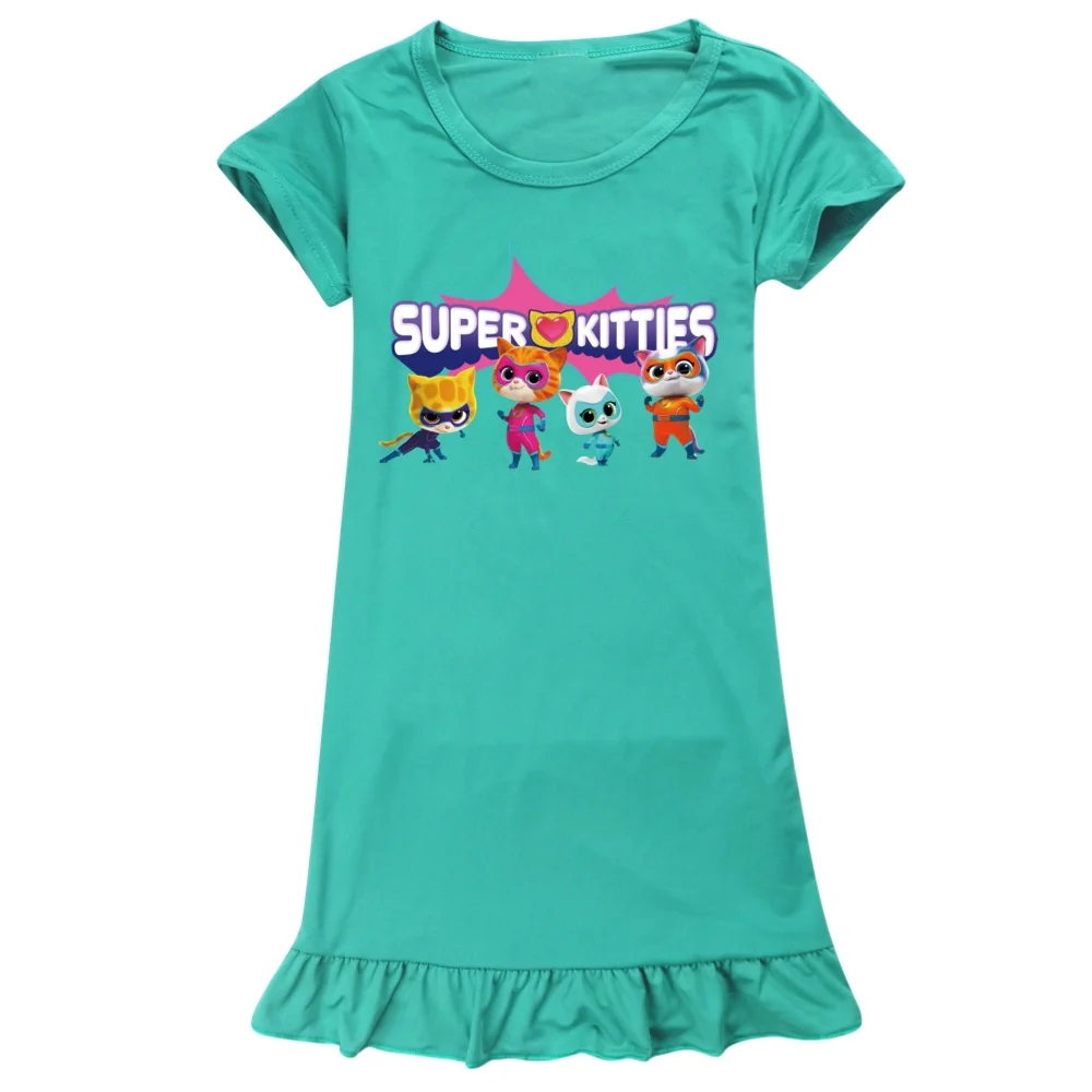 귀여운 Superkitties 고양이 코스튬 어린이 여름 잠옷,  소녀 캐주얼 원피스,  소녀 잠옷, 어린이 잠옷 홈웨어