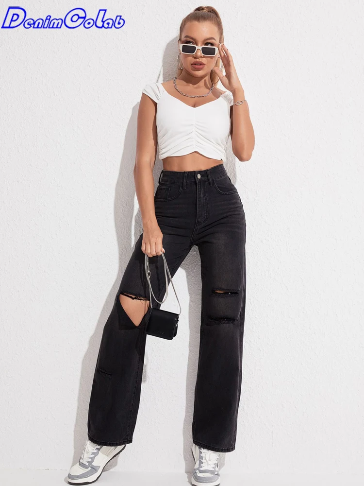 

Denimcolab 2023 New Women Balck Jeans Fashion Hole Style Loose High Waist Straight-leg Pants Lady Streetwear Denim Trousers