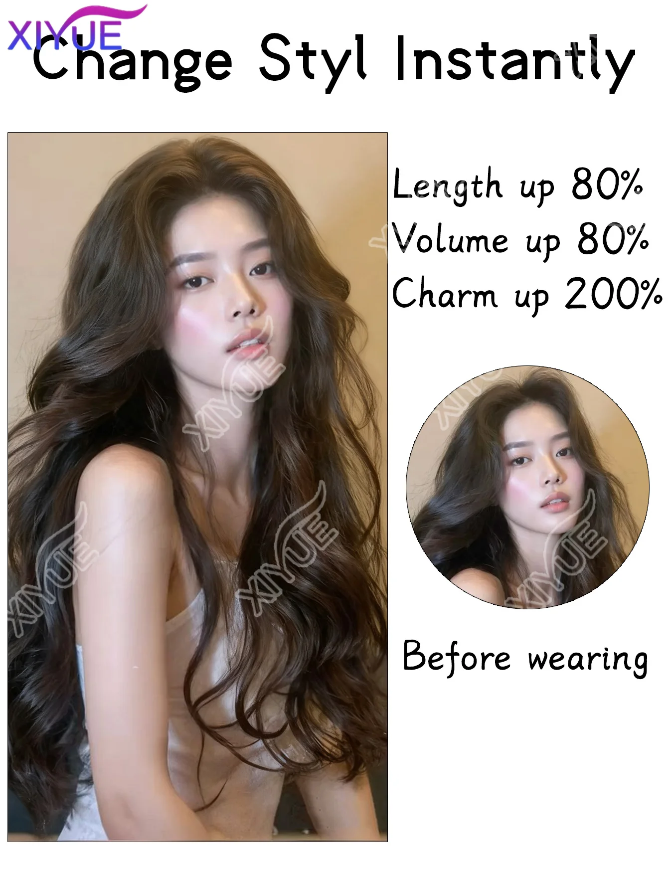 XIYUE 20Inch Synthetic Long Wavy Curly 4 Clip in Hair Extension V-shaped Heat Resistant Black Blonde Hairpiece for Women