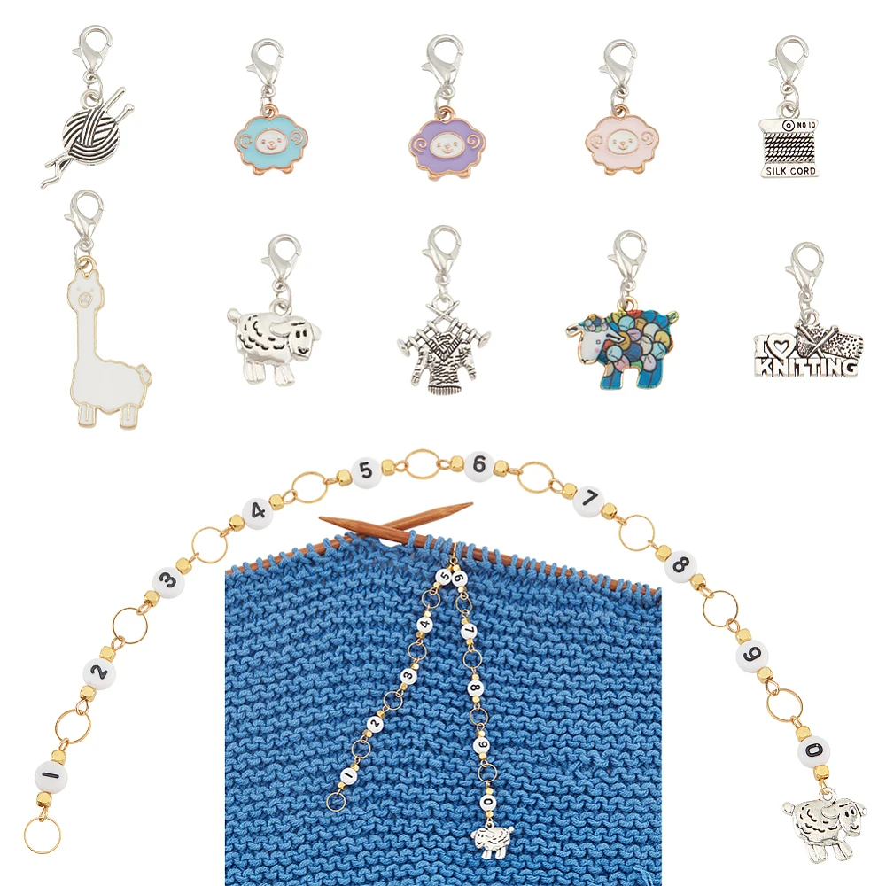 

1 Set Acrylic Number Bead Knitting Row Counter Chains & Alloy Enamel Sheep & Woven Theme Charm Locking Stitch Markers