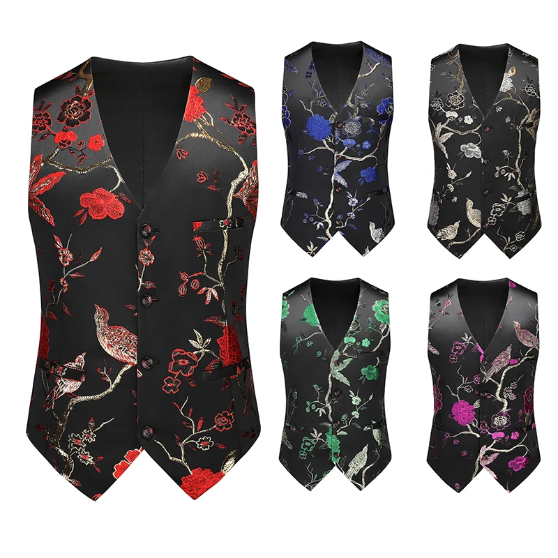 Men Suit Vest Coat Roses Pattern Bright Jacquard Fabric Party Luxury Design Causal Fashion Slim Fit Men Suit Vest Coat