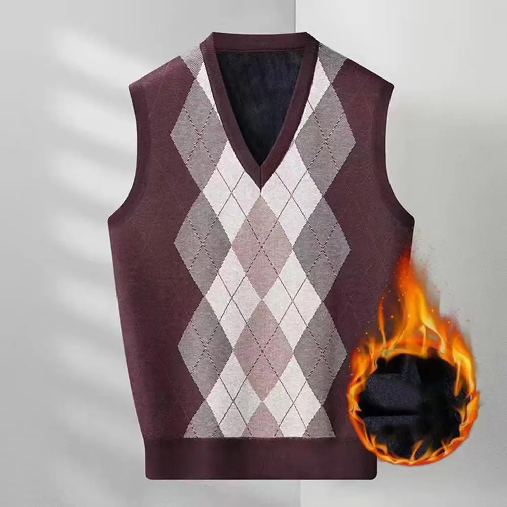 Fall Winter Men Sweater Vest Rhombus Print V Neck Sleeveless Top