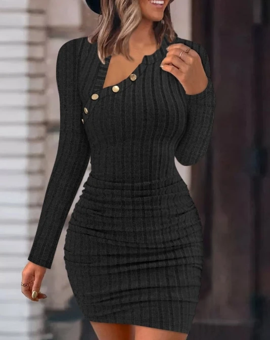 

Womens Dresses 2023 Spring Fashion Solid Color Slope Neck Long Sleeve Hip-Hugging Slim Sexy Skinny Mini Dress Woman Clothing