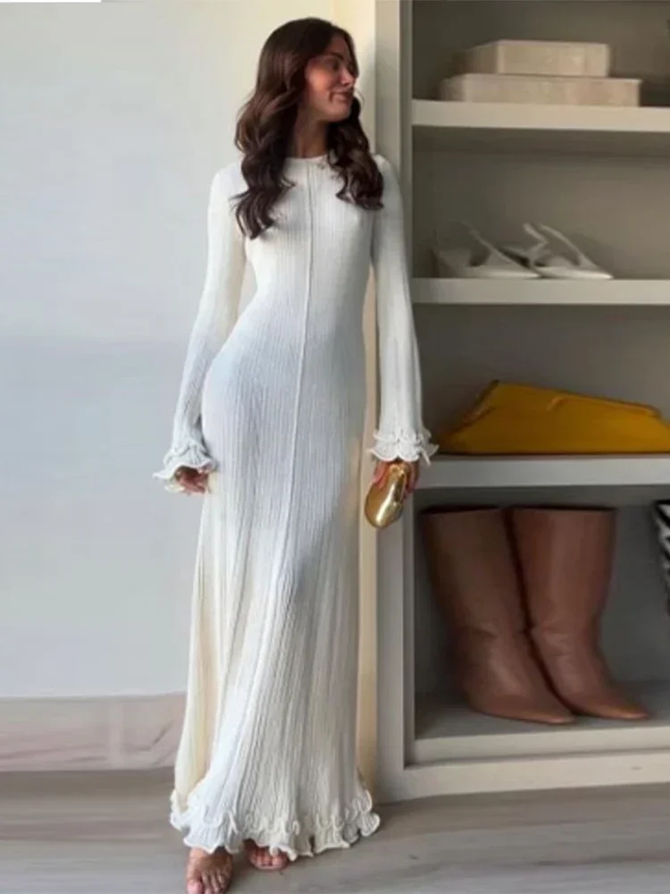 Autumn Ruffled White Maxi Dress Women Backless Lace-Up Slim Ribbed Long Sleeve Patchwork Dress Knitwear Female Long Dress