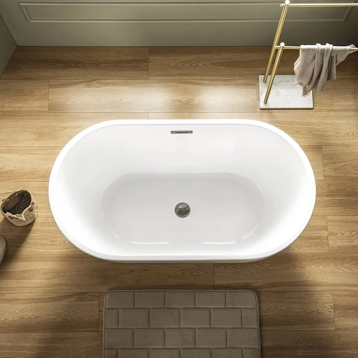 48 Inch Acrylic Freestanding Bathtub Contemporary Soaking Tub White Acrylic Brushed Nickel Drain Overflow Anti Slip Design 5
