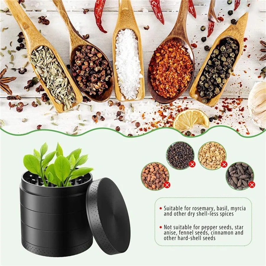 [5 Piece] Spice Herb Grinder with Pollen Catcher, 2.1 Inch, Metal Black 55mm