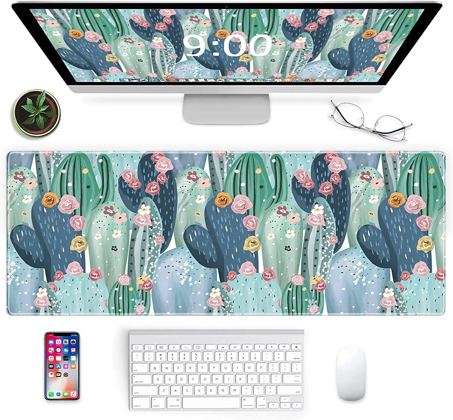 

Игровой коврик для мыши с рисунком кактуса XXL XL, большой коврик для мыши, длинный Настольный коврик, Нескользящие резиновые коврики 31,5x11,8x0,12 дюйма-Зеленый Кактус