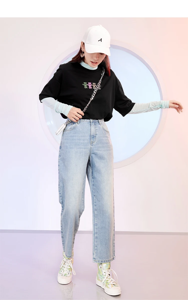 A21 High Waist Denim Jeans for Women Summer 2022 Trend Cotton Pants Loose Kung Fu Girls Print Streetwear Blue Pants Clothes black ripped jeans