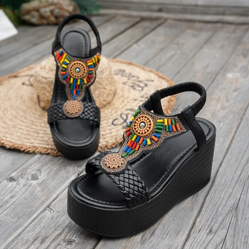 Women Sandals Bohemian Style Wedge Sandals Summer Thick Sole Non Slip Beach Shoes Woman Colorful Bead Chunky Platform Sandals - 5