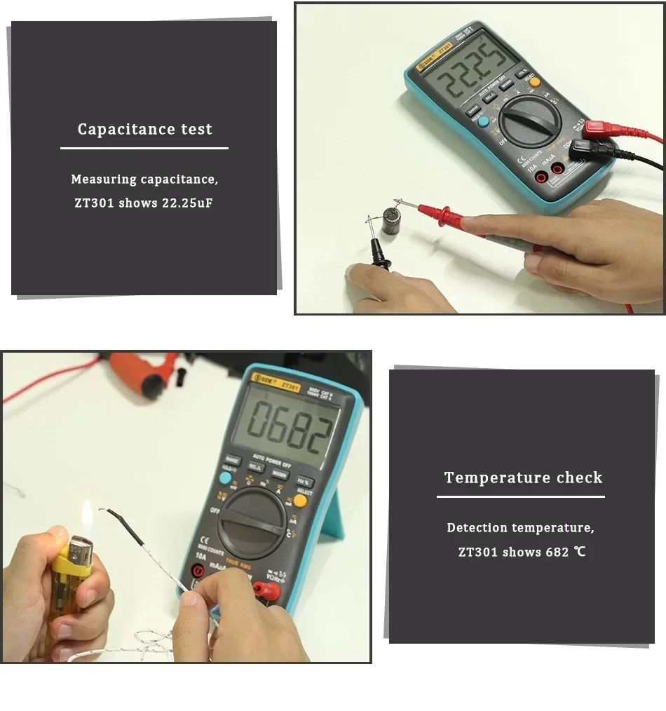 BSIDE Digital Multimeter ZT301 True-RMS DC/DA Voltmeter Ammeter multimeter Professional DMM Resistance Ohm Cap Temp Tester Meter