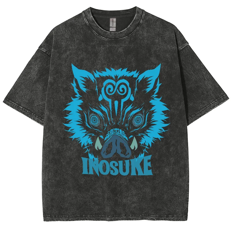 

Fashion Y2K Washed Tshirt, Demon Slayer Inosuke Graphic Print, Oversized Streetwear Vintage Washed Short T-shirts For Men Women