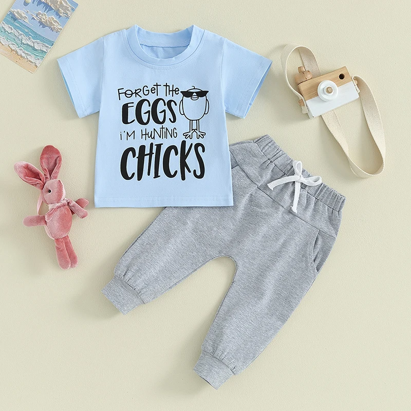

Lioraitiin 0-3Y Toddler Baby Boy Summer Clothes Short Sleeve Funny Letters Tshirt Top Solid Color Pants Set Boy Easter Outfit