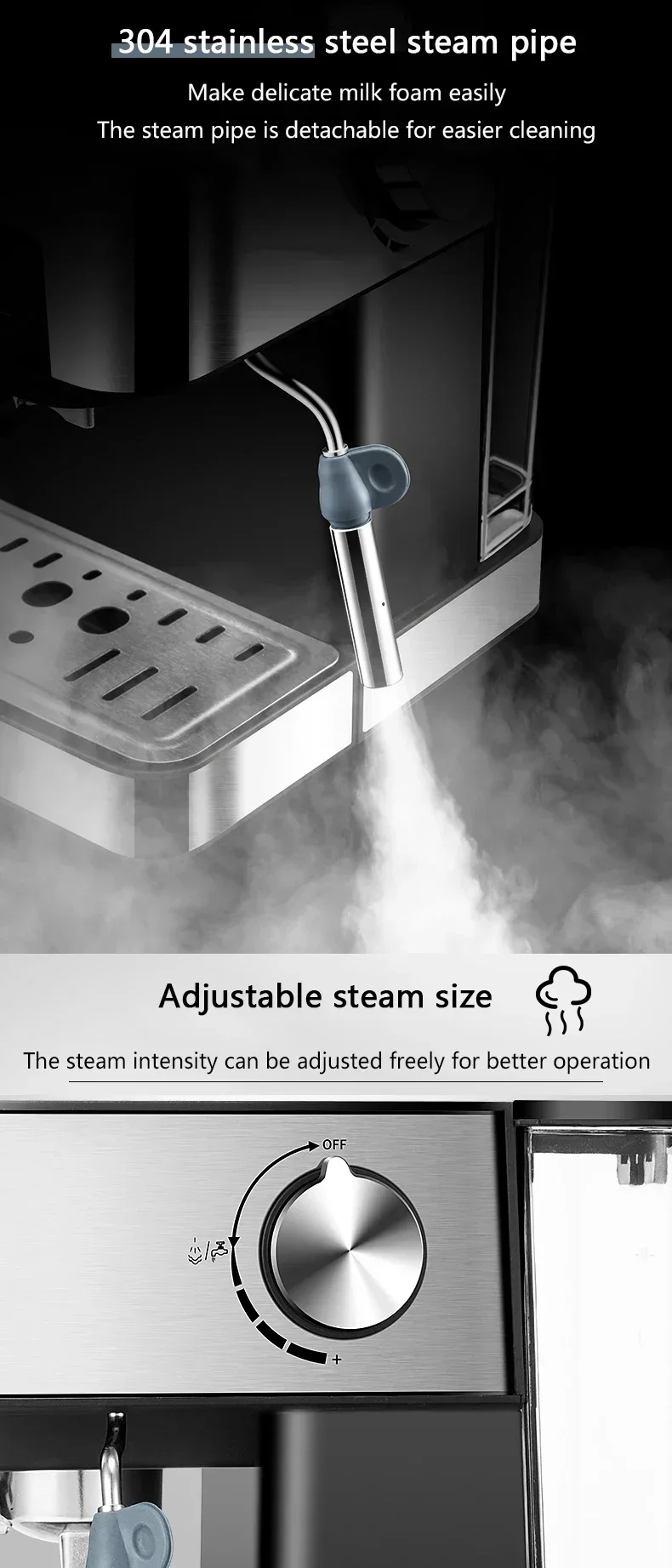 Description Picture 5 of item1.5L Household Coffee Machine Semiautomatic Italian Espresso Coffee Maker 20Bar Pressure Cappuccino Moka Steam Milk Frother