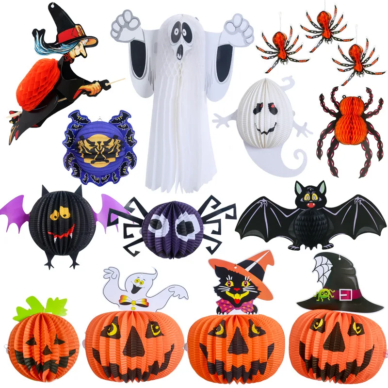 

Halloween Paper Hanging Pendents Cartoon Pumpkin Bat Ghost Spider Honeycomb Happy Halloween Ghost Festival Party Decor for Home