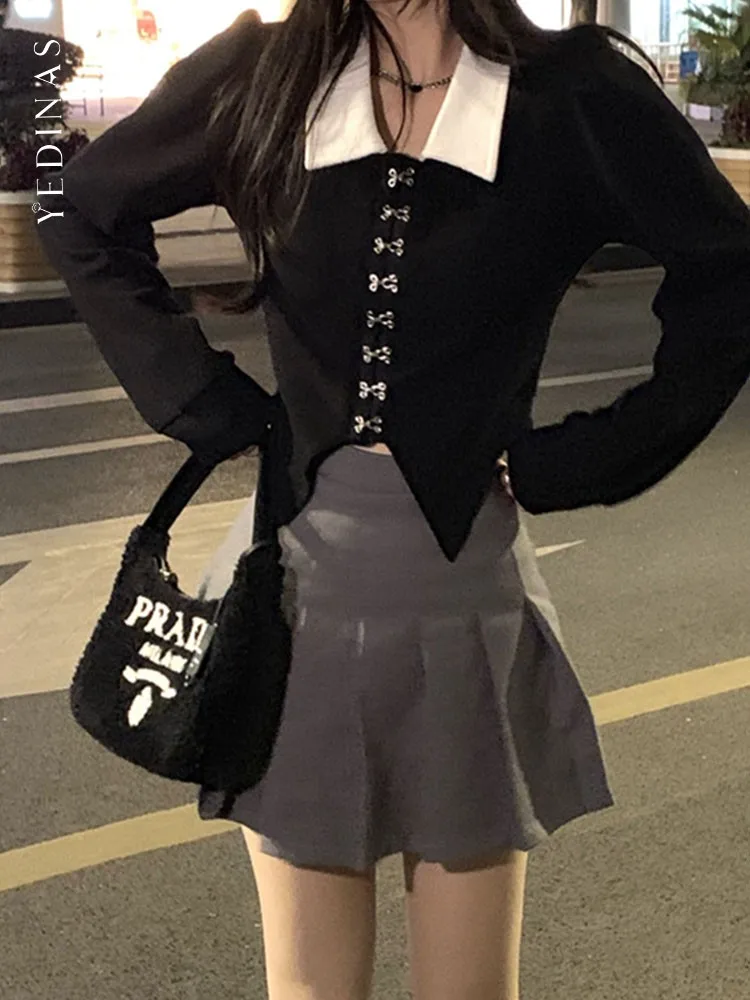 

Yedinas Элегантная блузка с асимметричным подолом для женщин 2022 весна осень с пышными рукавами пэчворк отложным воротником черные рубашки уличная одежда Y2k