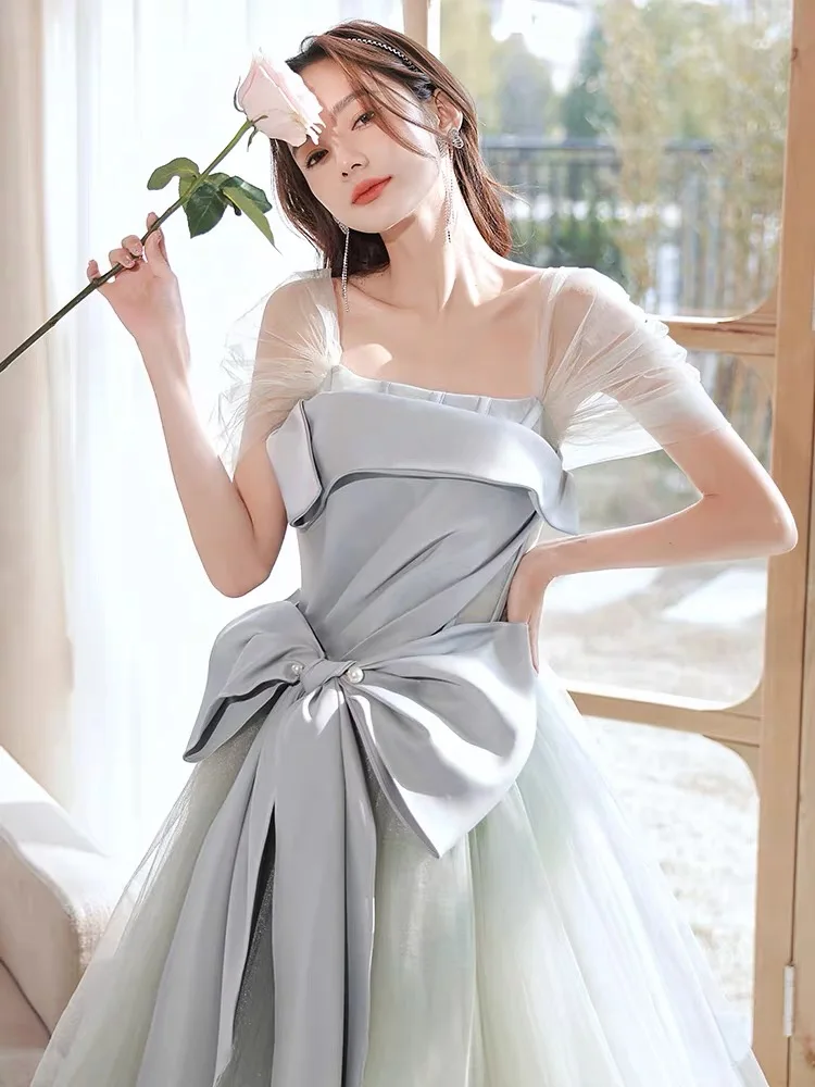 

Gray Green Prom Dresses Off The Shoulder Bow Pearl Pleat Tulle Backless Lace Up A Line Elegant Ball Evening Party Gowns 2023 New