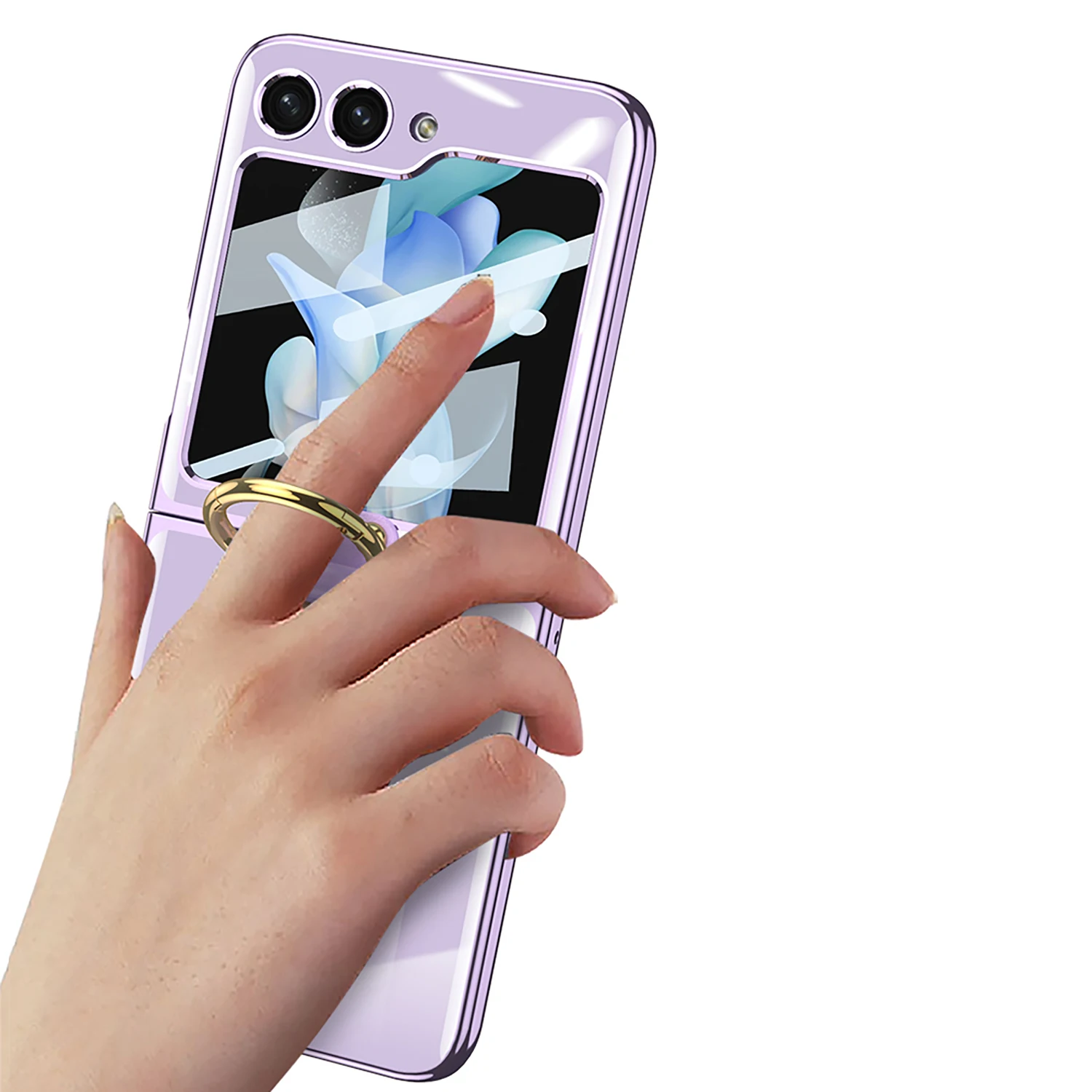 For Samsung Galaxy Z Flip 5 Case Electroplated Ultra-thin Transparent Ring Bracket Folding Shockproof With Mirror Film Hard Case