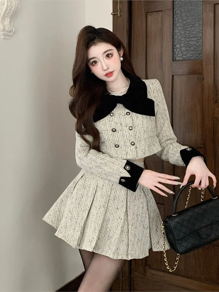 Women's Spring Fashion Tweed Skirt Suit Lacing Bow Collar
