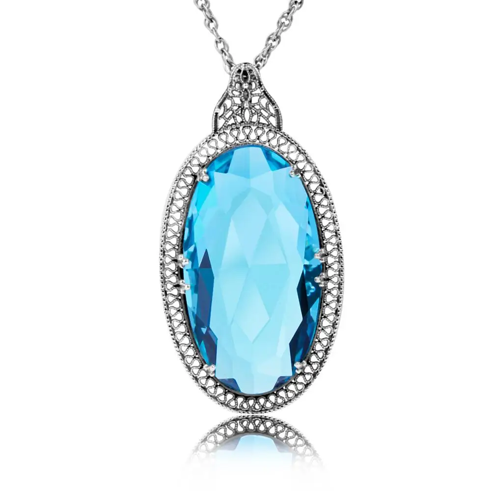 925 Sterling Silver Pendants For Women Vintage Oval Aquamarine Gemstone Pendant Necklace Gothic Style Fine Jewelry Wholesale New