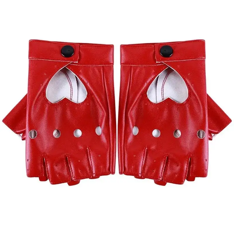 PU-Leder Halbfinger-Handschuhe Coole Herz-Hohldesign Fingerlose Tanzhandschuhe für Jungen & Mädchen Punk Rock Nieten-Lederhalskette – Detail 4