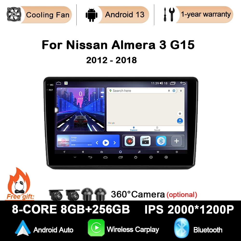 

For Nissan Almera 3 G15 2012 - 2018 Video Player Android 13 Auto Car Radio GPS Navigation Multimedia Stereo Carplay DSP No 2din