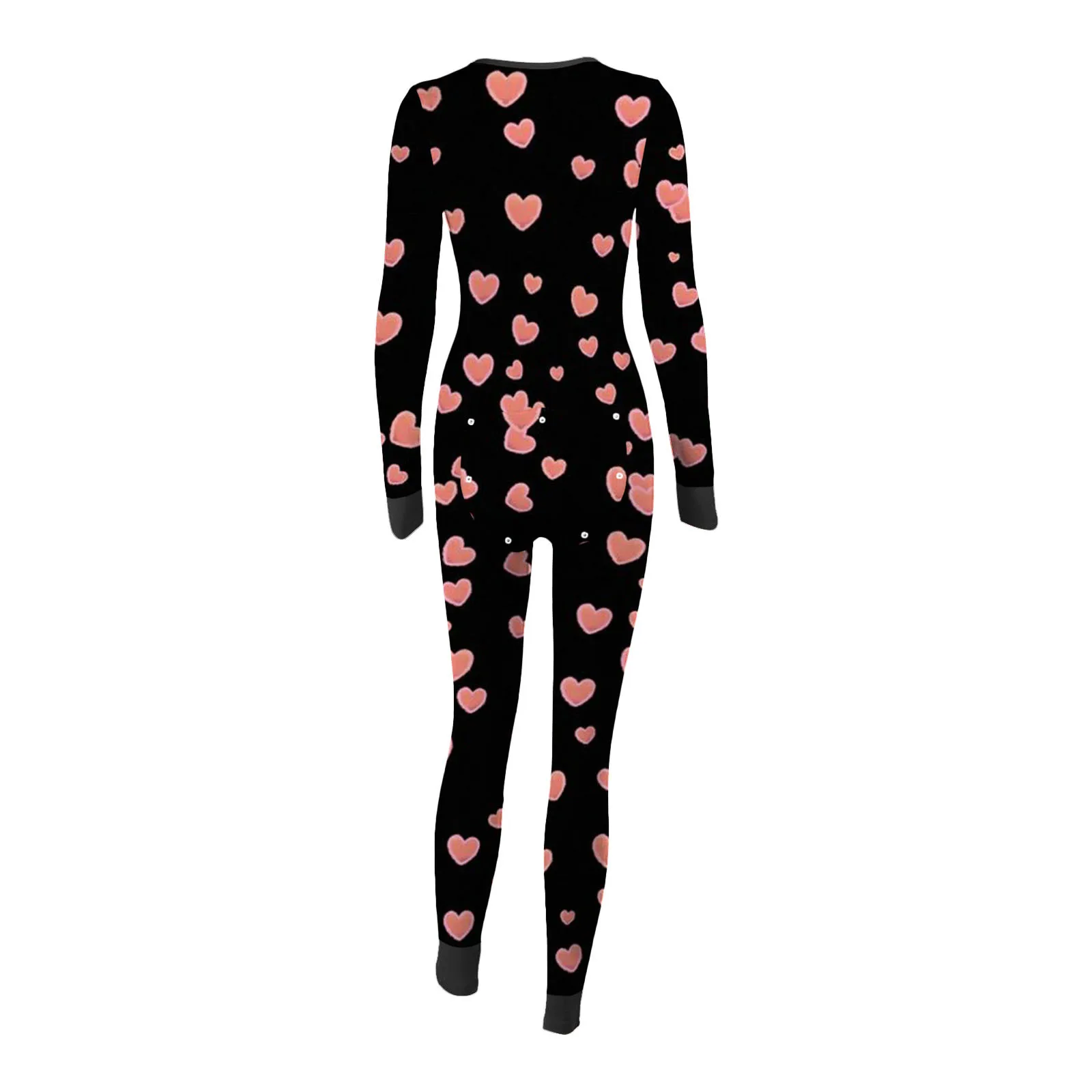 Women Romper Jumpsuit Long Sleeve Playsuit Bodysuit Onesies Button Down Sleepwear Heart Print Nightgowns