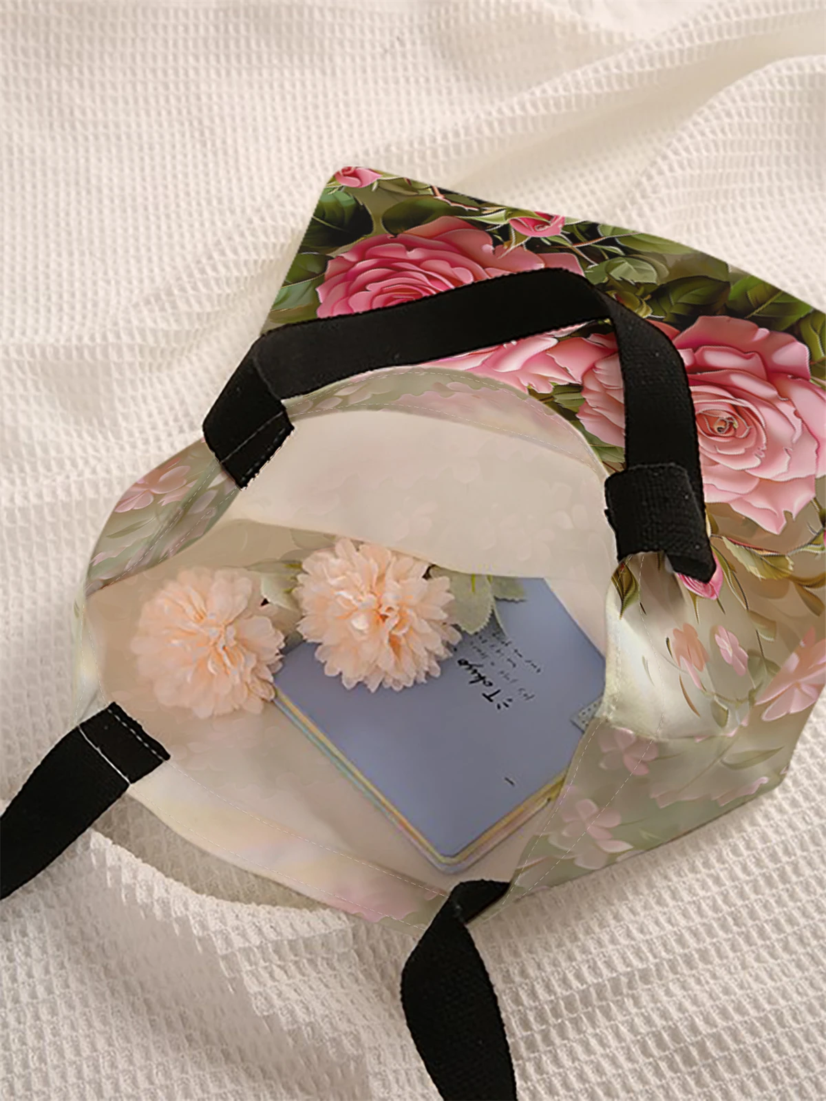 Rose pattern printed casual handbag, reusable fashionable backpack, multifunctional handbag, canvas shopping bag