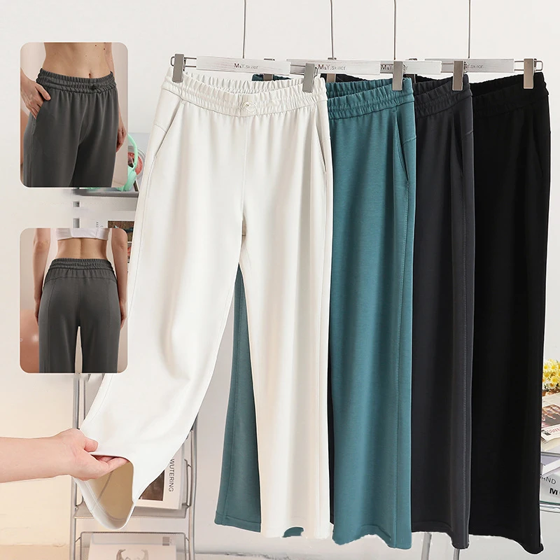 (M-XL) 여성 신축성있는 허리 모달 통풍이 잘되는 넓은 다리 스포츠 바지 통기성 메쉬 포켓이있는 느슨한 요가 운동 훈련 바지