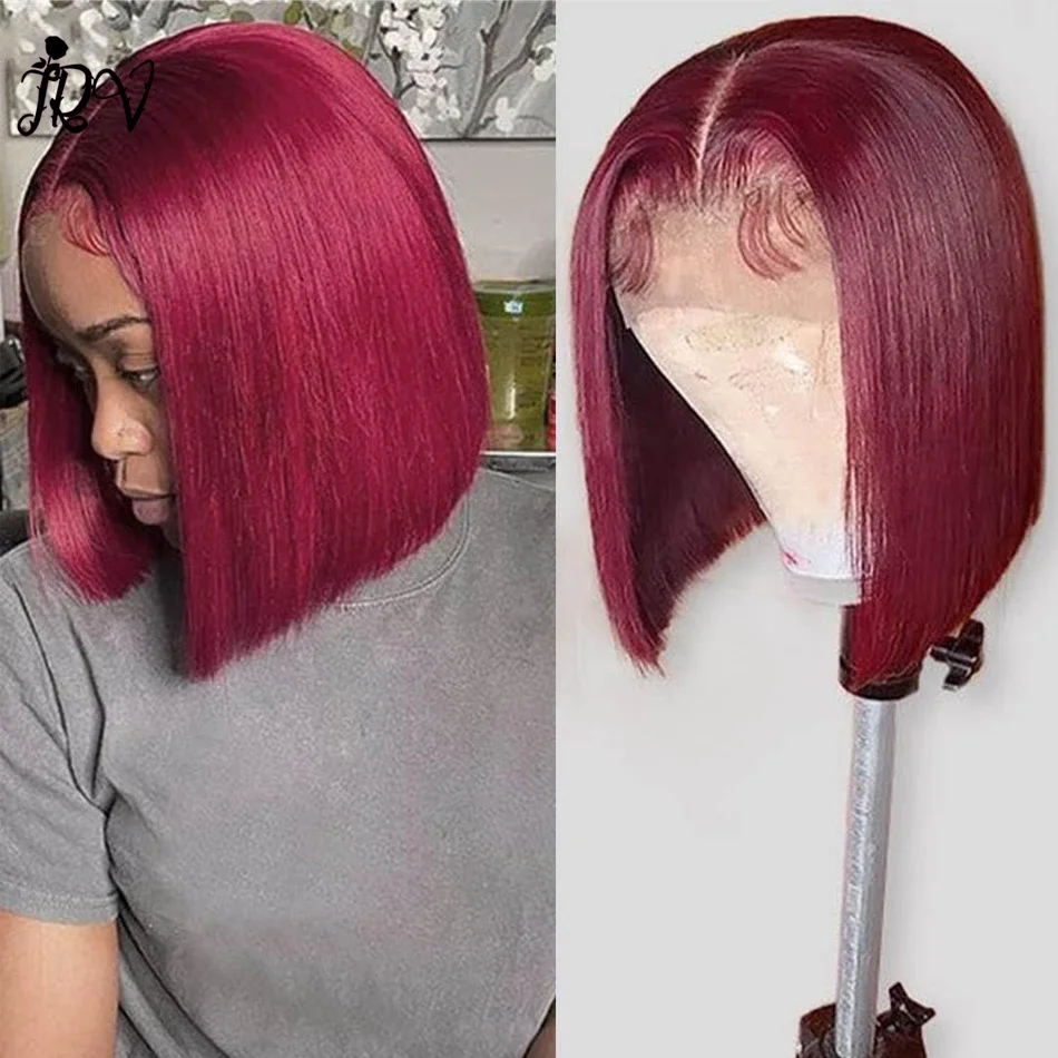 99J 스트레이트 밥 가발 레이스 프론트 인모 가발, 13x4 레이스 프론트 인모 가발, 버건디 스트레이트 짧은 인모 밥 가발