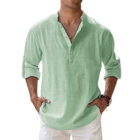 Chemises à manches courtes pour hommes, en coton et lin, couleur unie, col Henley, décontracté, Style plage, vacances hawaïennes, offre spéciale, été 5