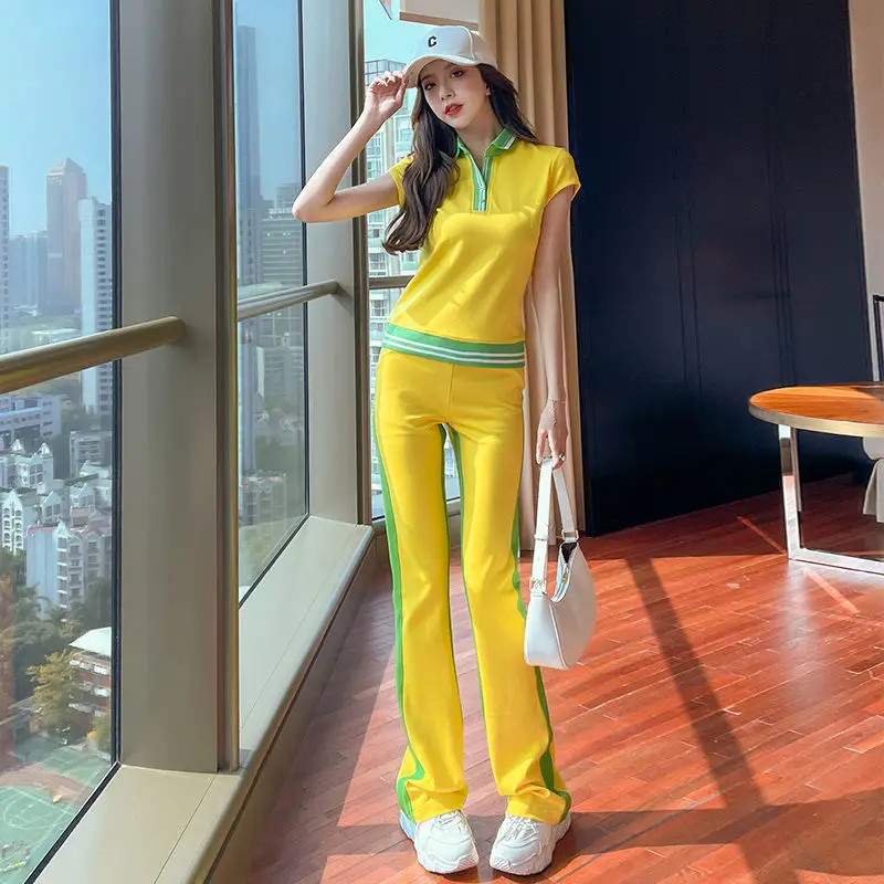 

Women Casual Top High Waist Wide Leg Pants Suit 2023 Summer New Versatile Two Piece Set Female Tracksuit Clothing Outfits A615