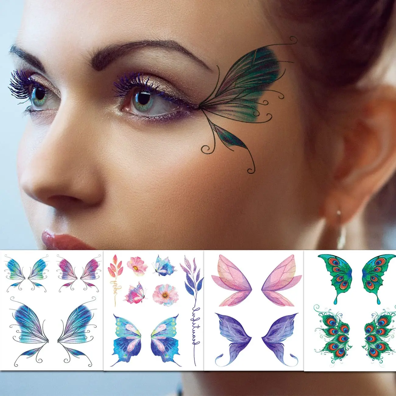 12 Sheets Butterfly Tattoos Temporary for Kids Women Eyes Make Up Galaxy Waterproof Face Tattoo Stickers for Party Favors Gifts