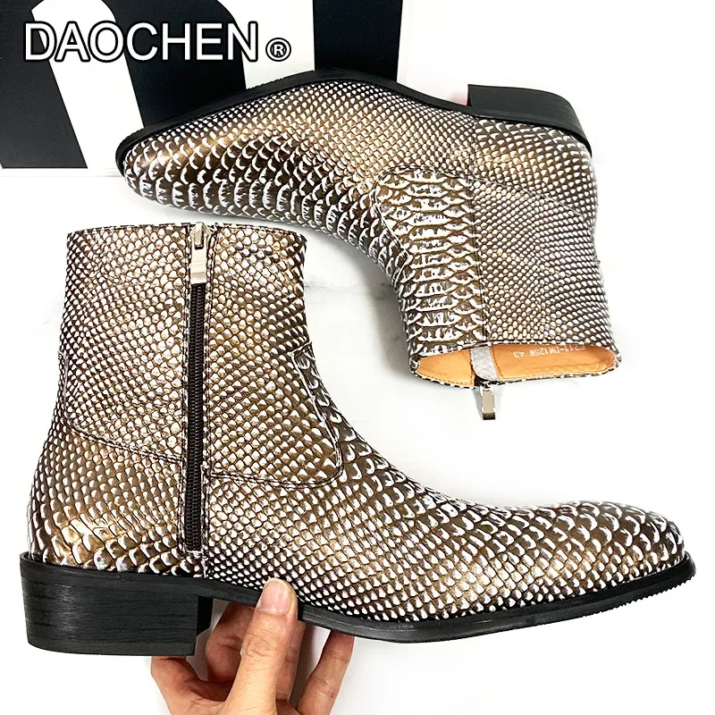 LUXURY BRAND MEN ANKLE BOOTS ZIP MARTENS SNAKE PRINT CASUAL MENS DRESS SHOES WEDDING PARTY REAL LEATHER WINTER BOOTS MEN