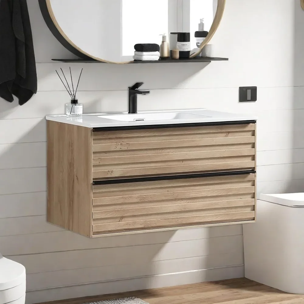 Bathroom Vanity with Sink, Modern Vanity Bathroom with Extra Big Drawers, Wall Mounted Floating Bathroom Vanities 3