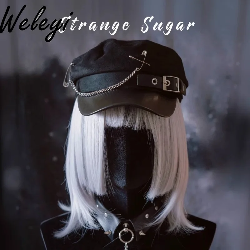 Jirai Kei Kawaii Y2k Hat American Fashion Super Cute Handmade Square Leather Buckle Chain Newsboy Cap Dark Subculture Black Hats