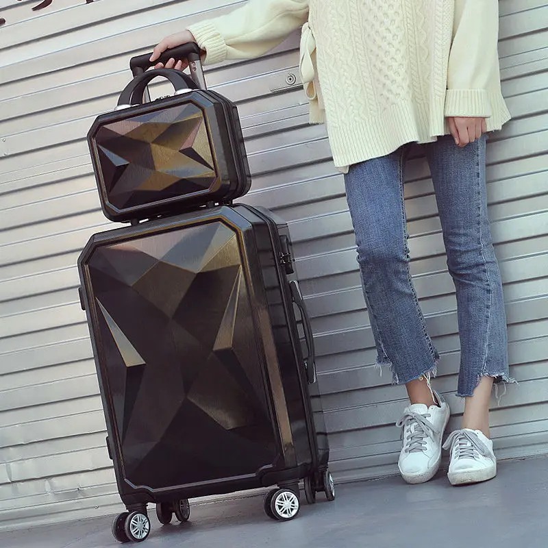 PLUENLI Diamond Luggage Female Universal Wheel Suitcase Set Student Trolley Suitcase Male Korean Style Leather