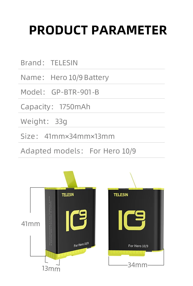 TELESIN Battery 1750mAh for GoPro Hero 10 9 Black Rechargeable Large Capacity No Popup For GoPro Action Camera Accessories