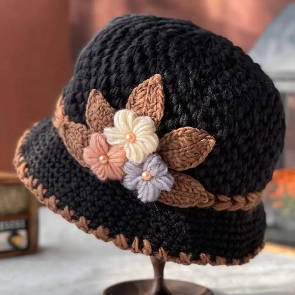 

Winter Thick Warm Knitted Hat Female Three-Dimensional Flower Plush Fisherman Hat Basin Hat Mother Hat Fashion Cap