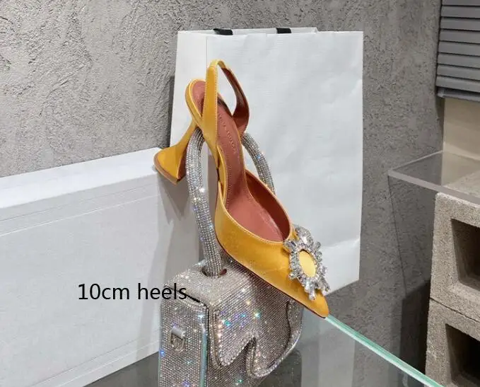 

Amina Muaddi Yellow satin Sunflower Rhinestone Silk Pointed High Heel brand Shoes with Same Style Master Glass Heel Sexy Sandals