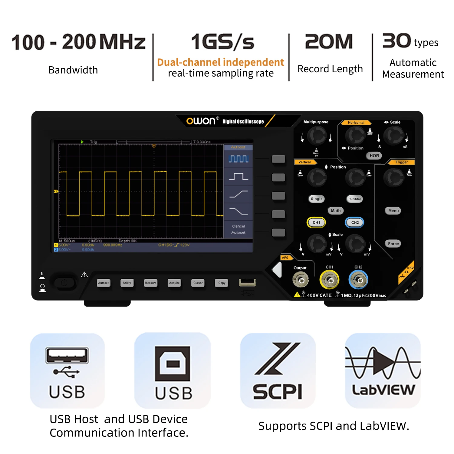 Owon Digital Oscilloscope SDS200 2-channels 100Mhz 150Mhz 200Mhz 1GS/s FFT+ 25MHz 14Bit Signal Generator SDS210S SDS215S SDS220S 2