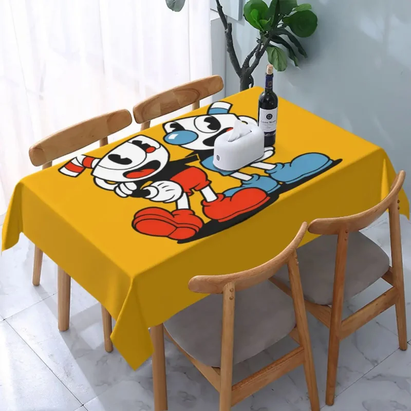 

Rectangular Fitted Hot Game Cartoon Cuphead Mugman Table Cloth Oilproof Tablecloth 45"-50" Table Cover Backed with Elastic Edge