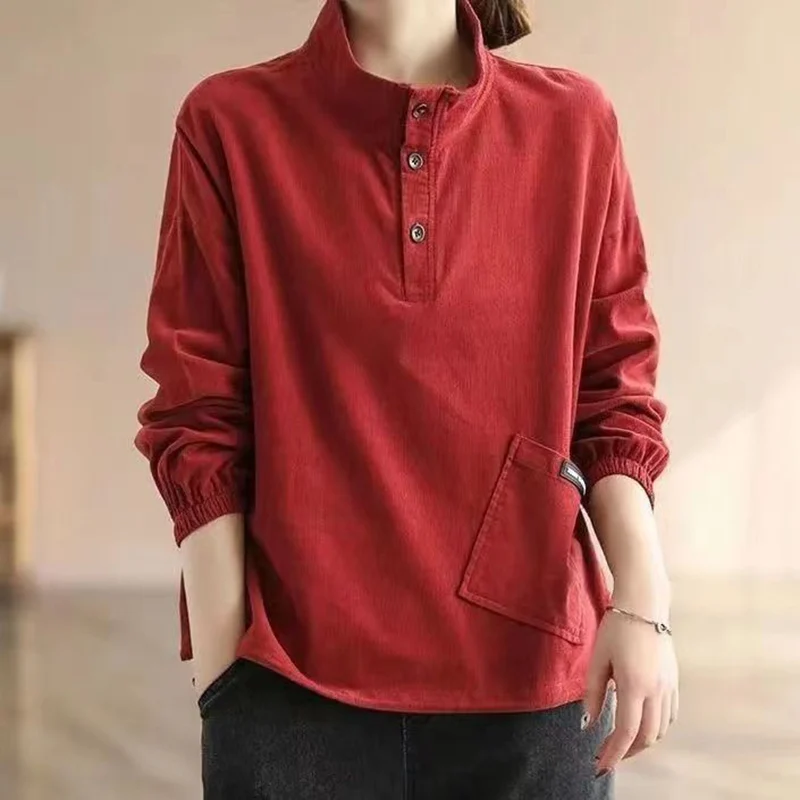 Fashion Stand Collar Button Pockets Corduroy Blouses Women's Clothing 2023 Autumn Winter Oversized Casual Tops Commuter Shirts