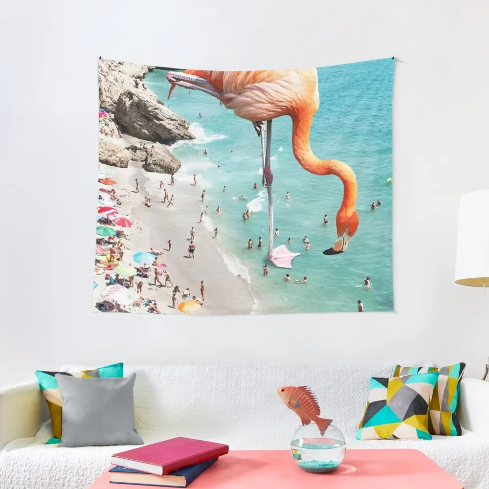 

Flamingos on the Beach, Wildlife Surrealism Birds, Nature Flamingo Fantasy Beach Summer Photography Tapestry